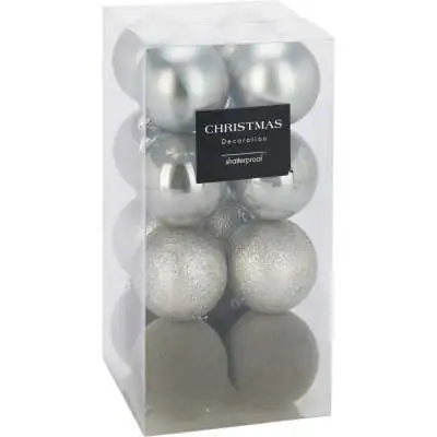 SET OF 16 8CM BAUBLES SILVER,GREY